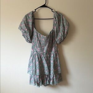 ARULA Floral Puff-Sleeve Tiered Romper - Sage Green & Pink